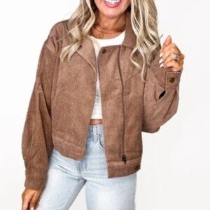 Mine Large Brown Corduroy Crop Bomber Jacket NWOT